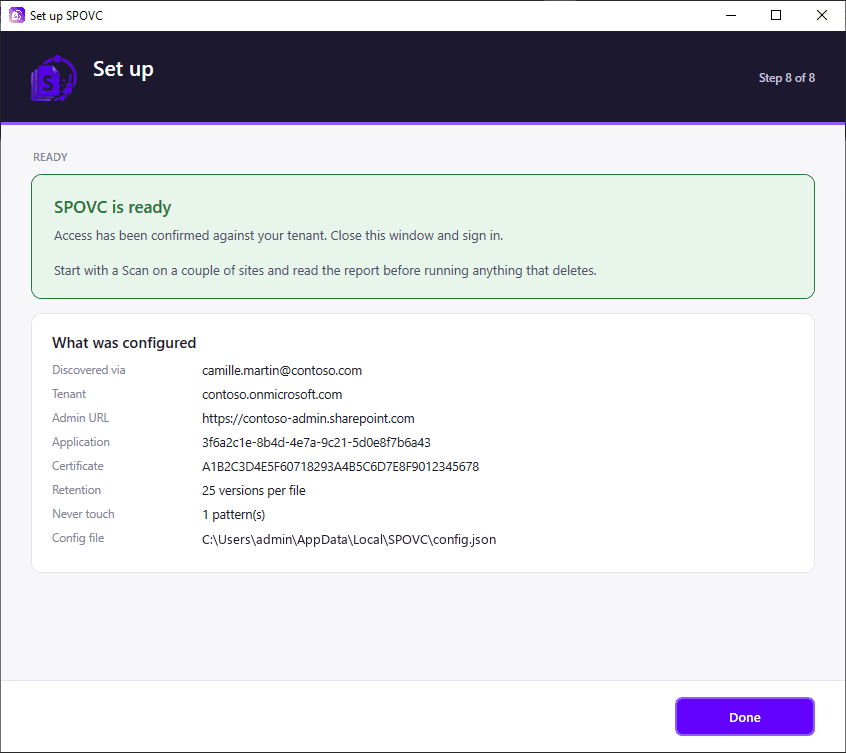 Fin : r&eacute;capitulatif de la configuration.